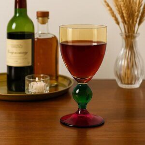 Vintage Multicolor Art Glass Goblet – Amber, Green & Magenta Stemware